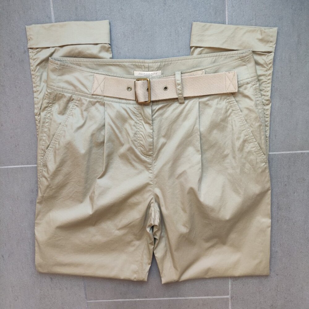 Burberry Brit Womens Belted Tapered Fit Cuffed Trouser Pants Size 2 Beige Tan